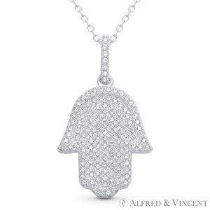 Hamsa Hand of Fatima Evil Eye Luck Charm Pendant Chain Necklace Sterling Silver